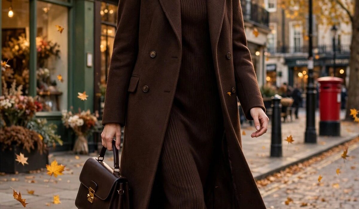 Woman wearing head-to-toe chocolate brown outfit on an autumn London street