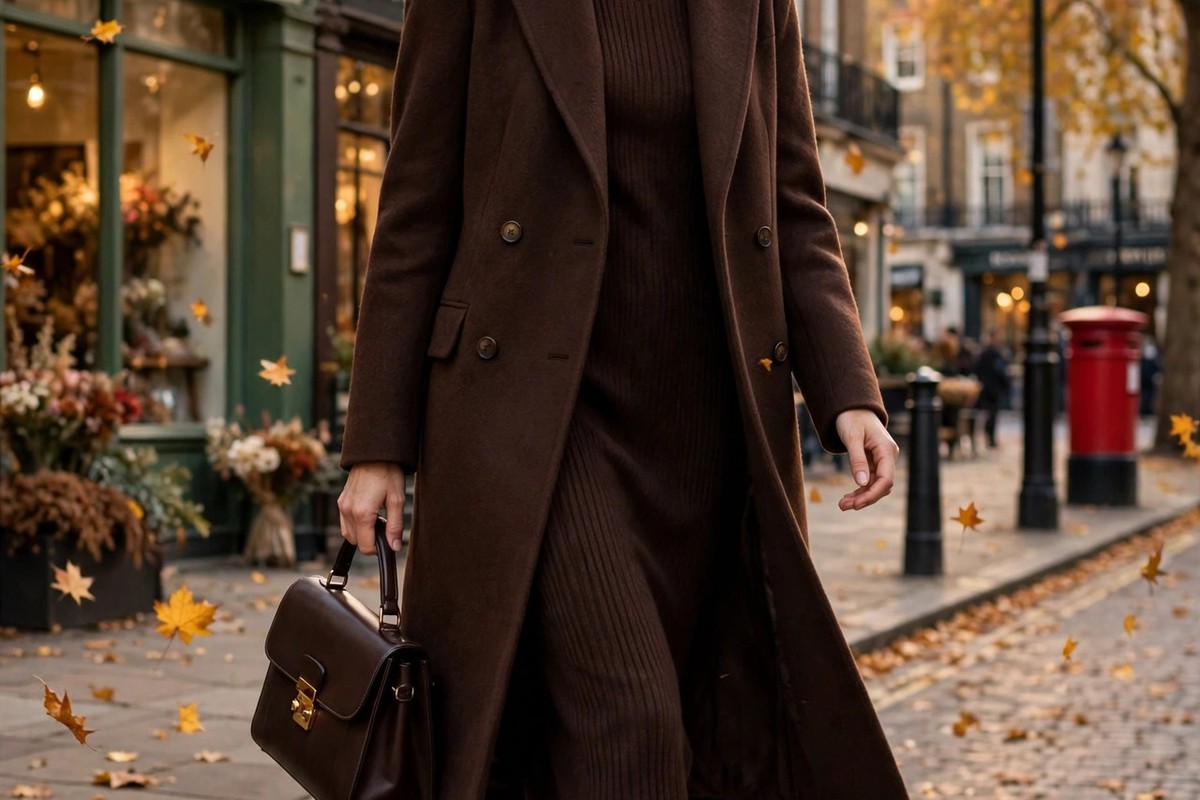 Woman wearing head-to-toe chocolate brown outfit on an autumn London street