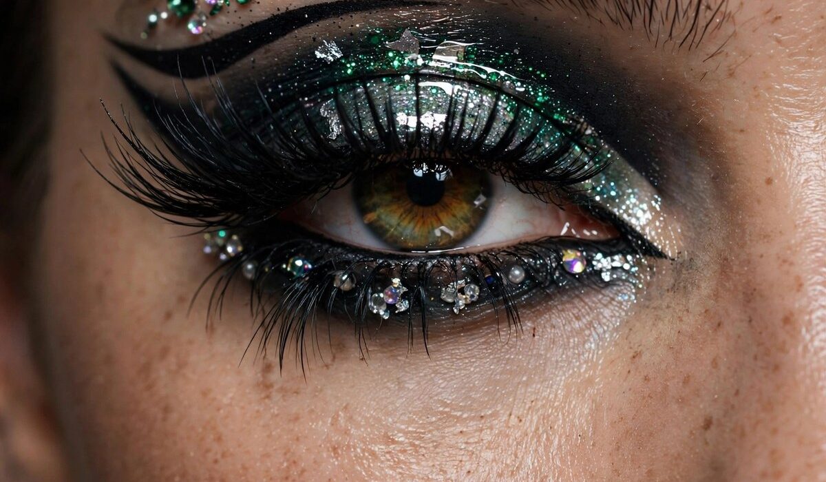 Close-up of a model's eyes with dramatic eye maxxing makeup in complementary shades