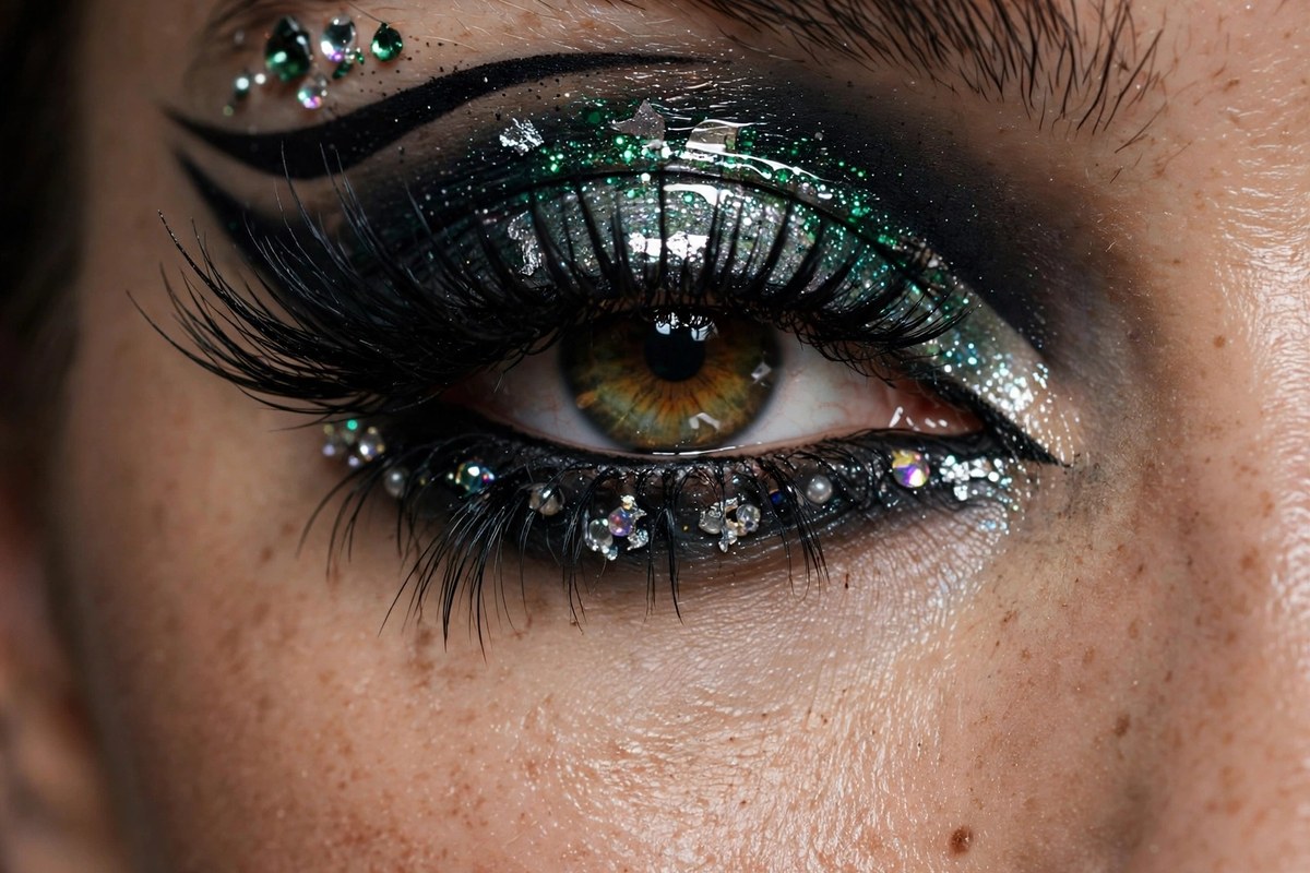 Close-up of a model's eyes with dramatic eye maxxing makeup in complementary shades