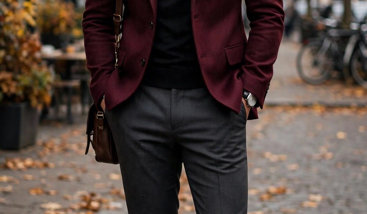 Stylish man wearing a burgundy blazer with charcoal trousers, autumn street style