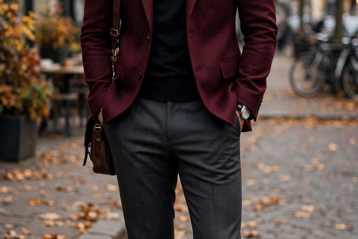 Stylish man wearing a burgundy blazer with charcoal trousers, autumn street style