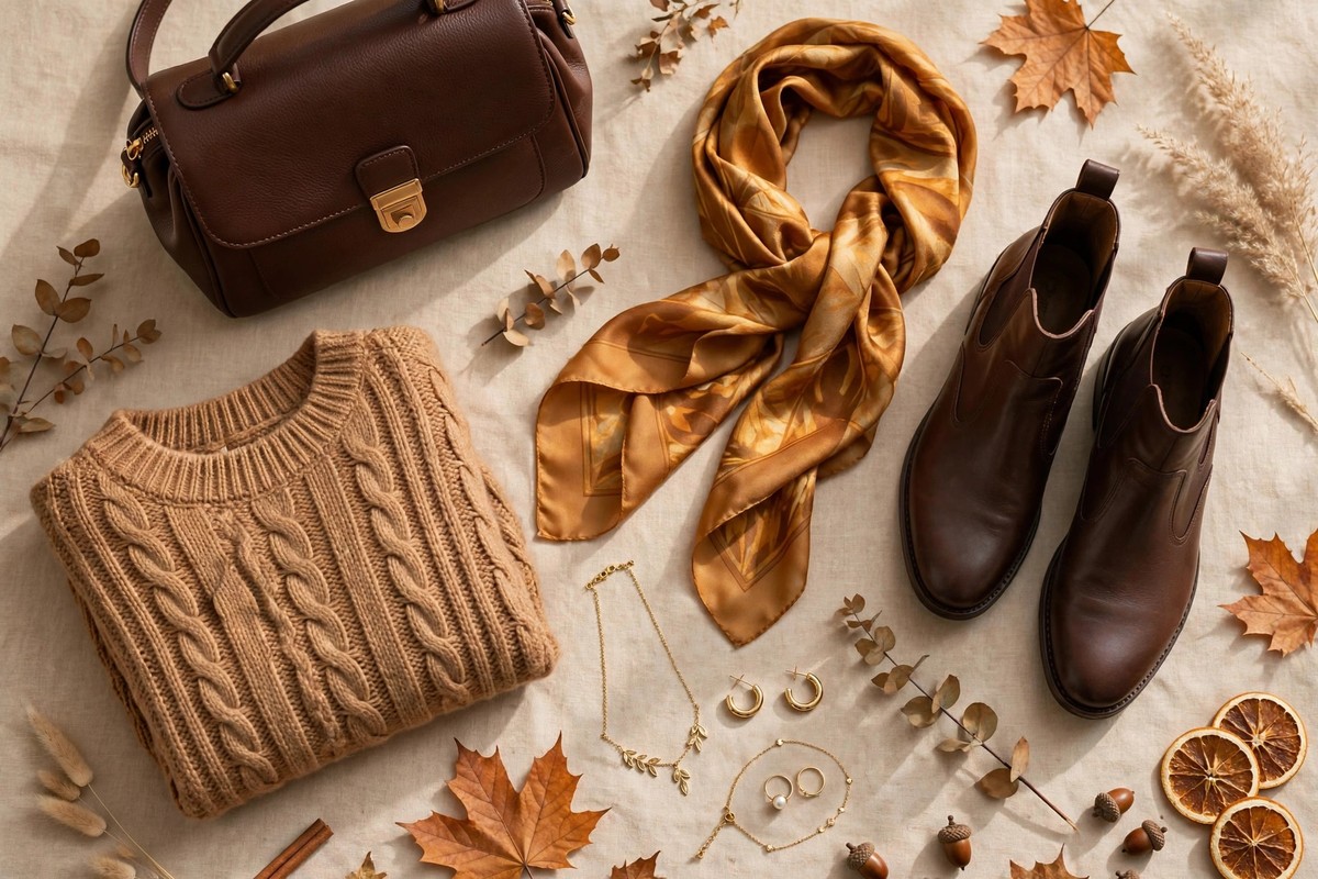Flat lay of brown leather bag, caramel knit, espresso boots and gold jewellery