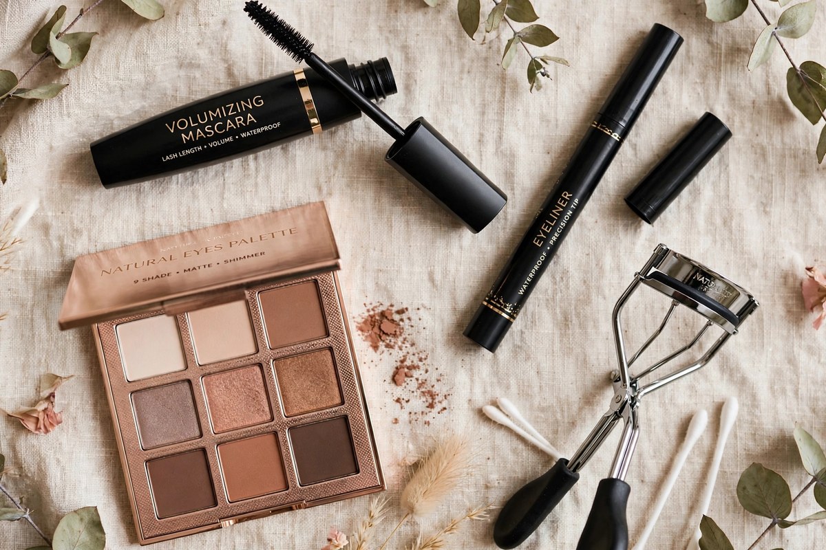 Flat lay of eye makeup products for eye maxxing: mascara, eyeliner, eyeshadow palette and lash curler