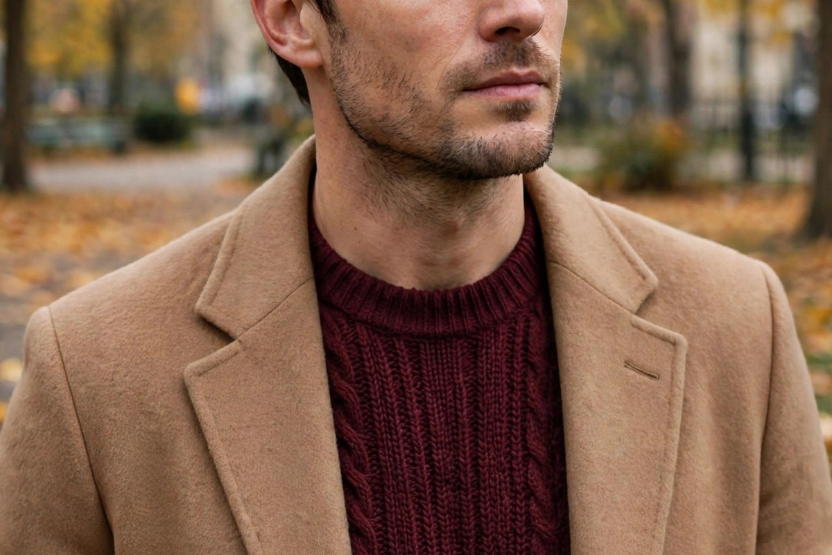 Man in a burgundy knit sweater and camel overcoat, fall menswear look