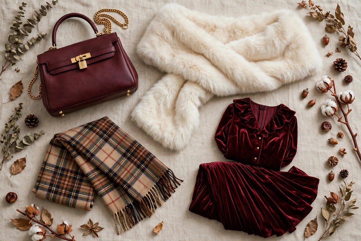 Flat-lay of autumn winter 2026 fashion trends: burgundy bag, faux fur stole, check scarf and velvet dress