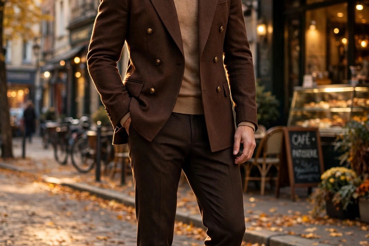 Man in chocolate brown tailored blazer on an autumn city street