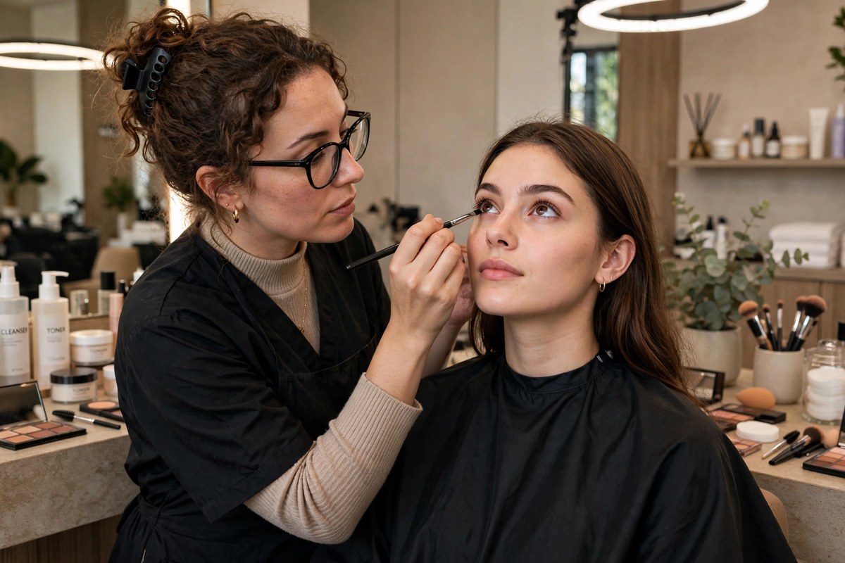 Makeup artist applying eyeliner to a model in a beauty salon