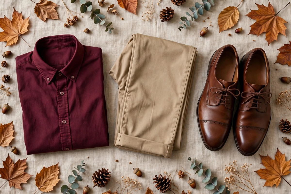 Flat lay of men's burgundy outfit pieces: oxford shirt, chinos and leather shoes in autumn tones