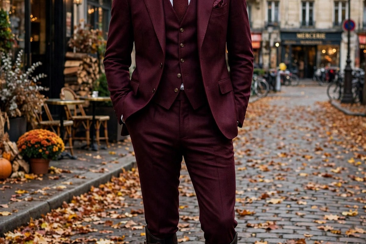 Man in burgundy tailoring with equestrian-style boots in an autumn city