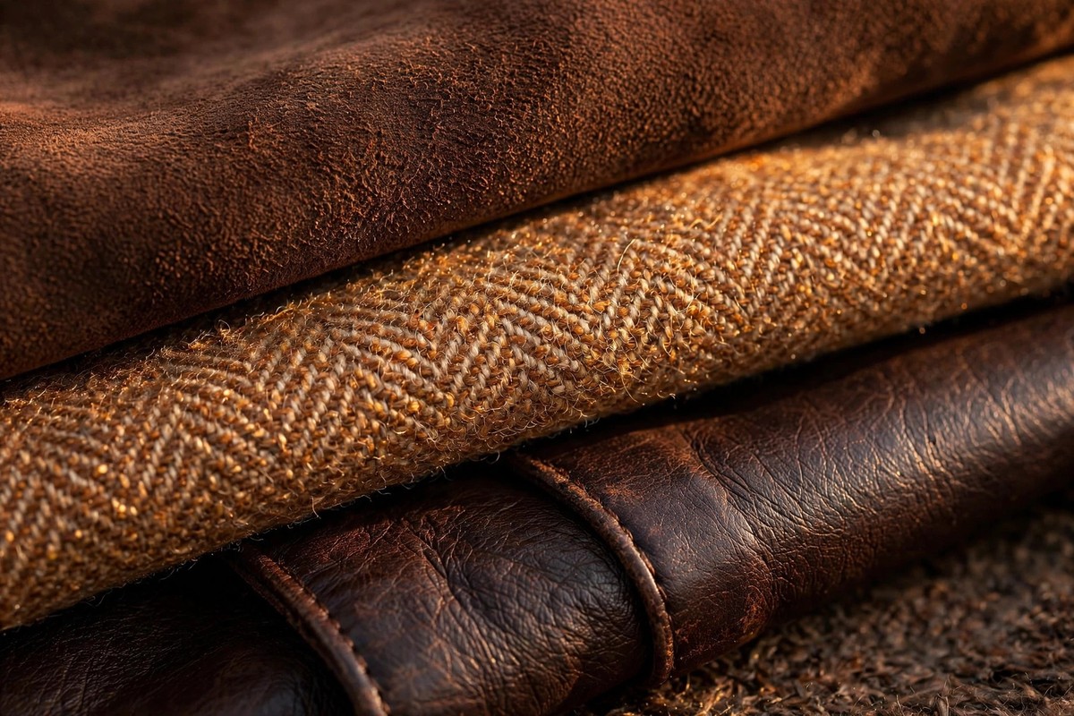 Close-up of chocolate suede, espresso leather and caramel wool textures