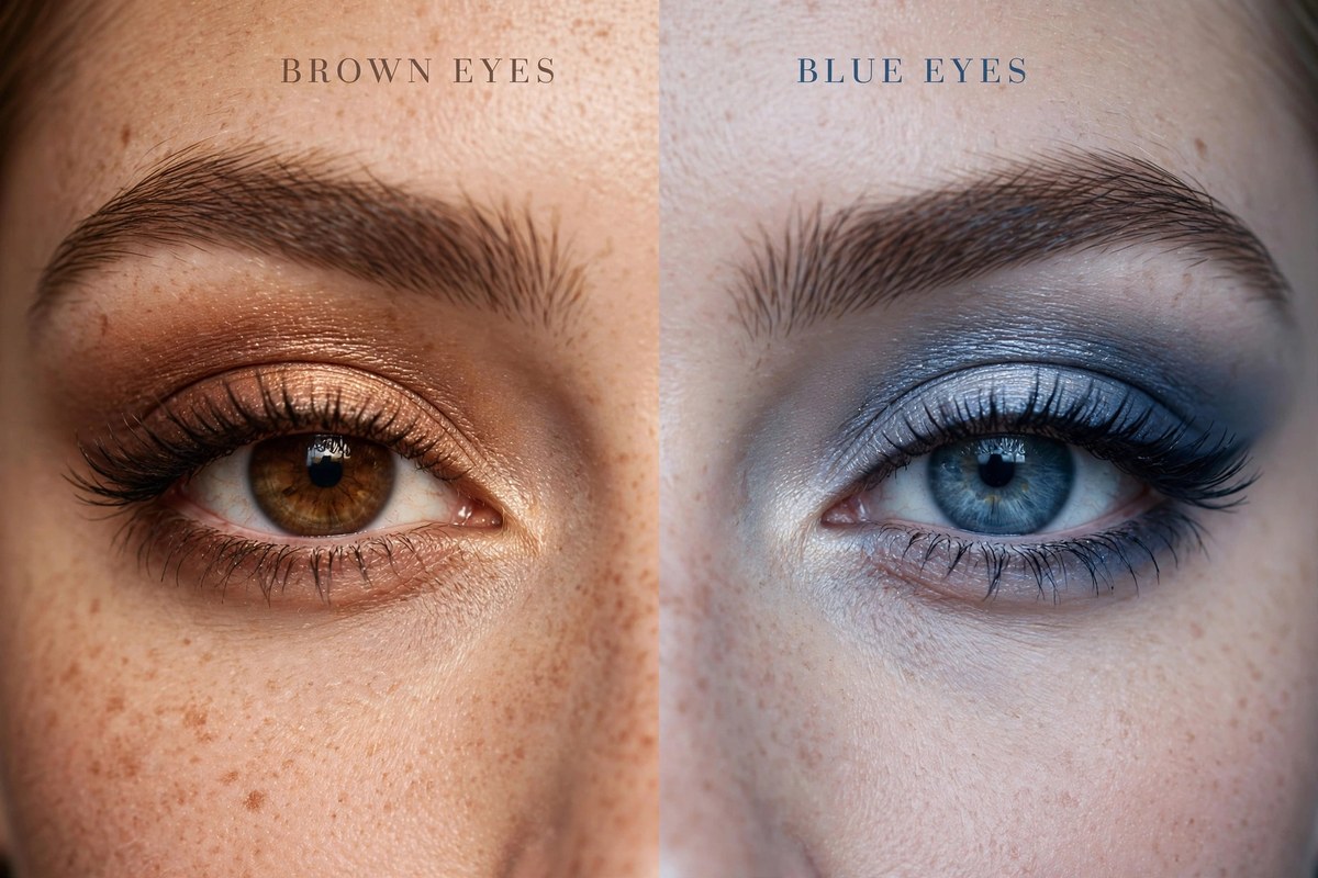 Split close-up comparing brown and blue eyes with tailored eye maxxing makeup looks