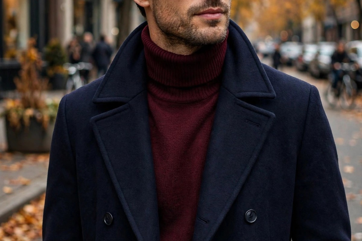 Man wearing a burgundy turtleneck under a navy overcoat on a city street in autumn