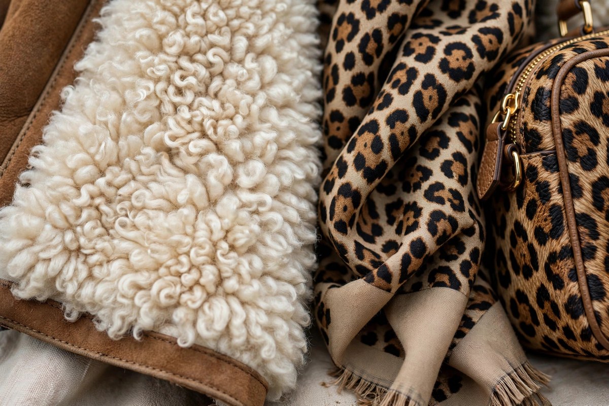 Close-up of shearling texture and animal print accessories