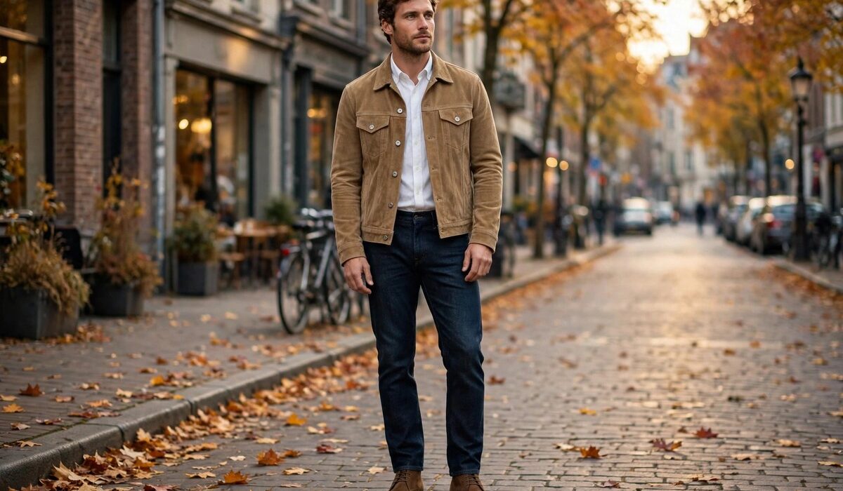 Men's suede jacket outfits styled for autumn 2026: a man wearing a tan suede jacket on a city street
