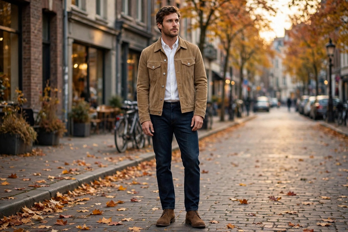Men's suede jacket outfits styled for autumn 2026: a man wearing a tan suede jacket on a city street
