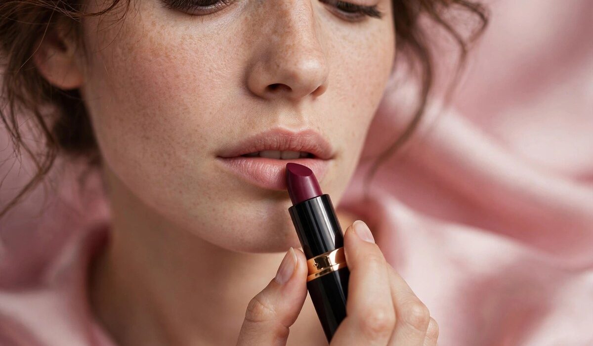Close-up of a woman applying berry lipstick in a deep plum shade