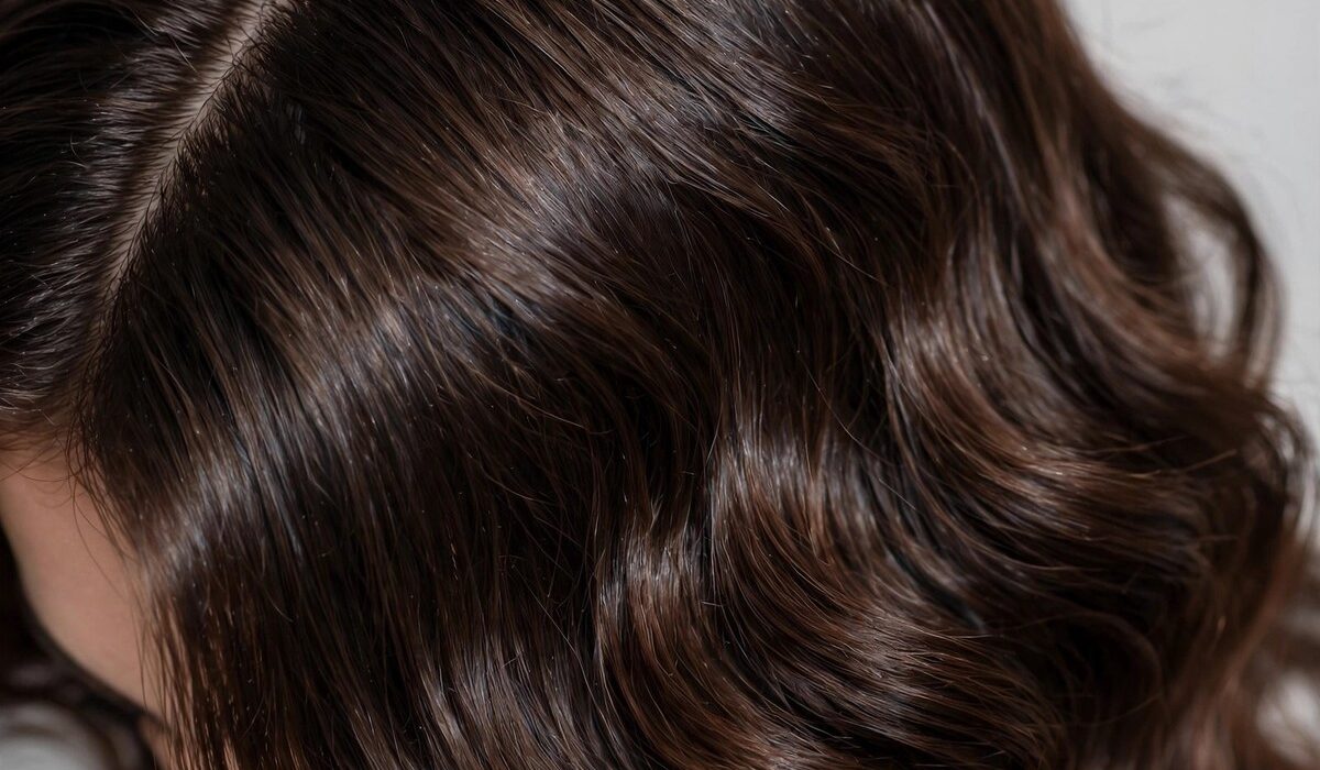 Side part hairstyles 2026: close-up of glossy brunette hair styled in a deep side part with soft waves