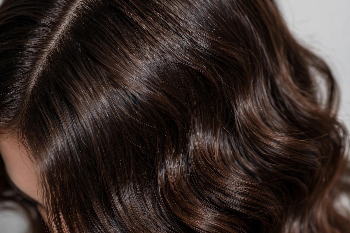 Side part hairstyles 2026: close-up of glossy brunette hair styled in a deep side part with soft waves