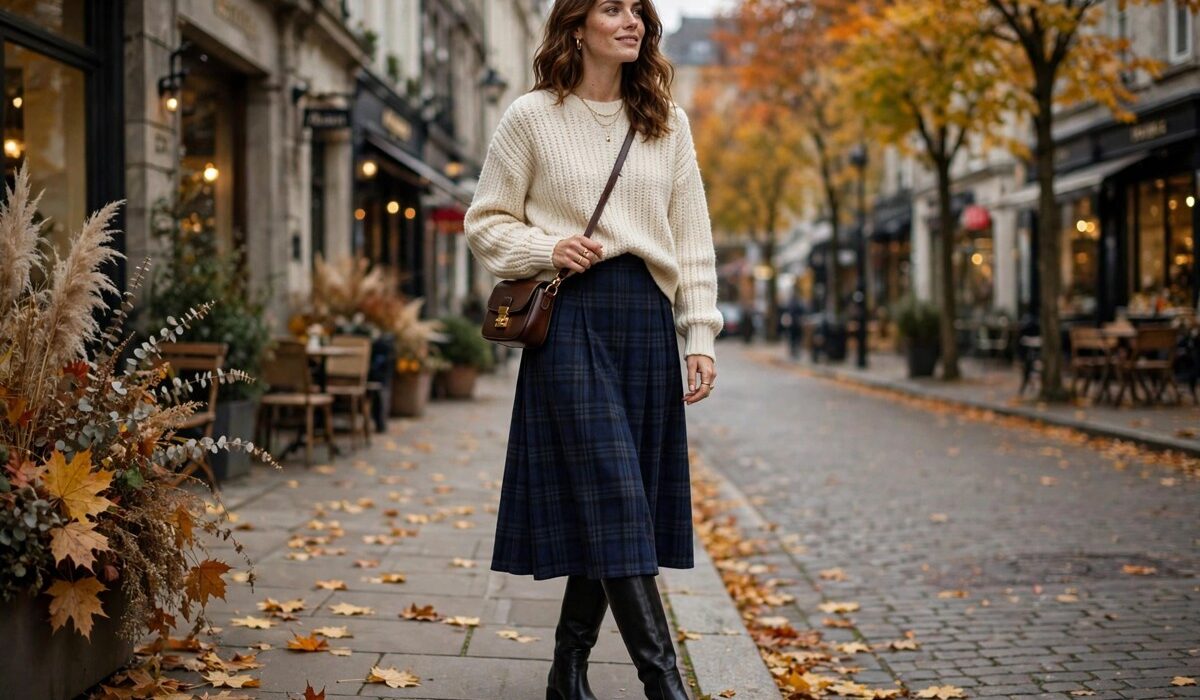 Plaid skirt outfit ideas for autumn: woman in a navy plaid midi skirt with a cream knit and knee-high boots