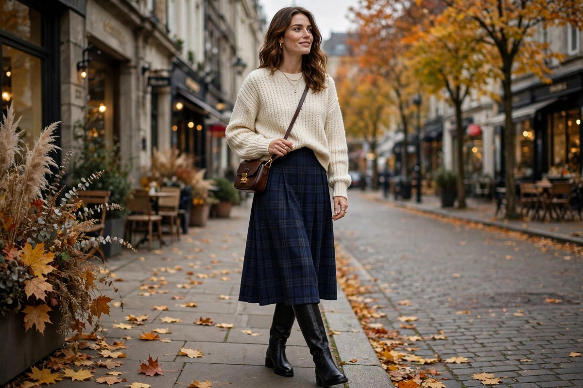 Plaid skirt outfit ideas for autumn: woman in a navy plaid midi skirt with a cream knit and knee-high boots