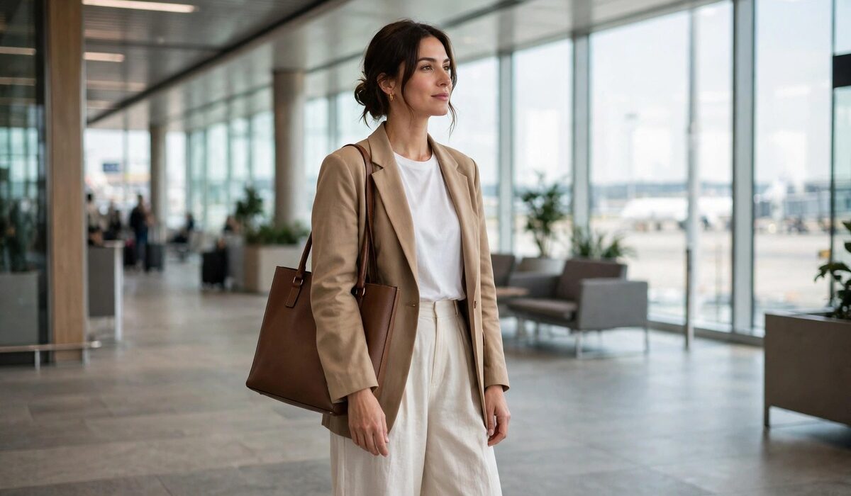 Celebrity airport outfits: woman in a relaxed blazer, white tee and wide leg trousers with a structured tote in an airport terminal