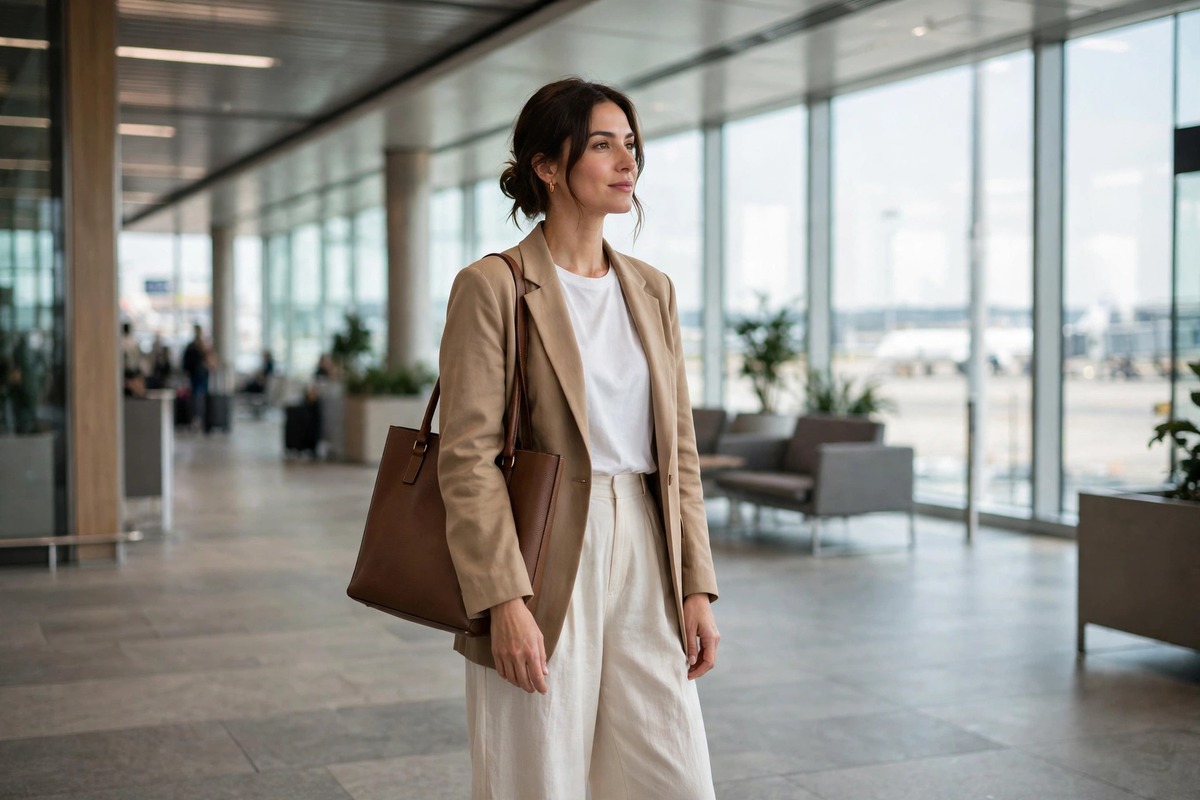 Celebrity airport outfits: woman in a relaxed blazer, white tee and wide leg trousers with a structured tote in an airport terminal