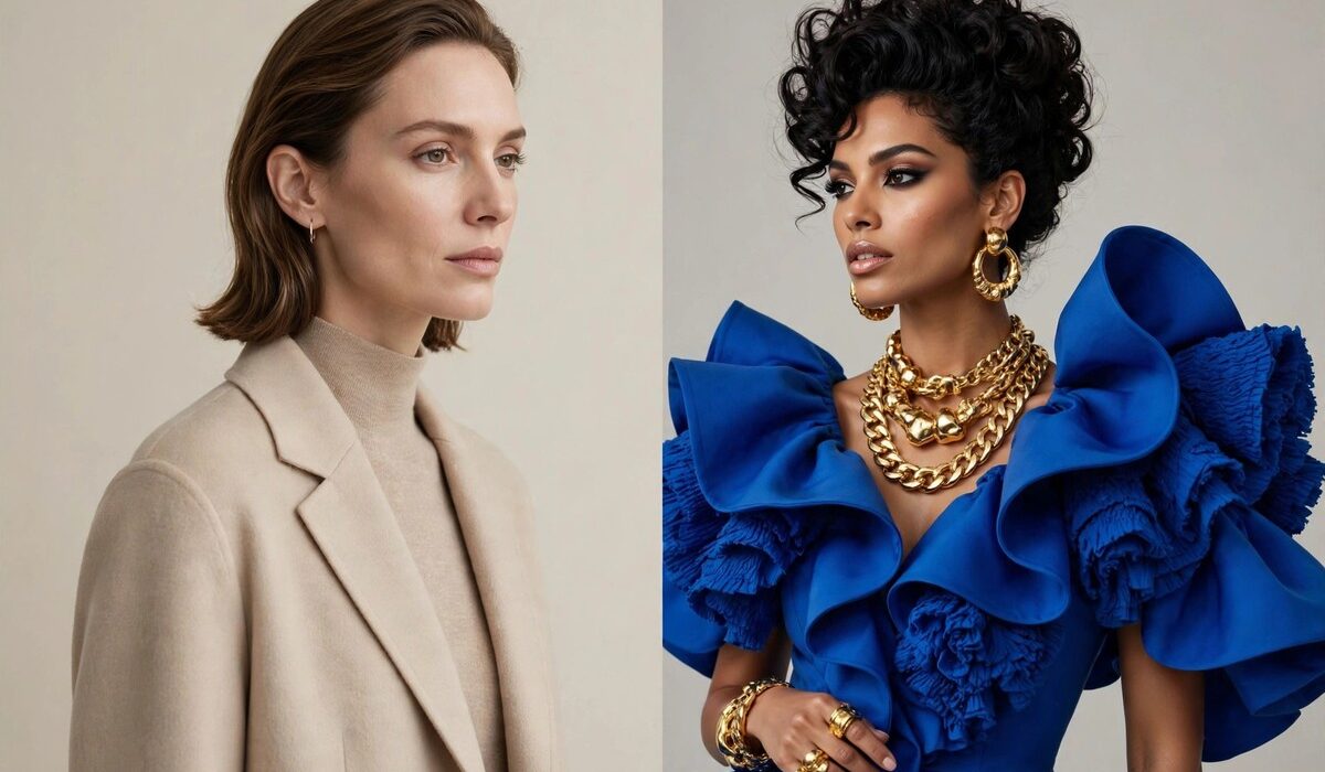 Fashion editorial asking is quiet luxury over, contrasting minimal tailoring with bold maximalist 2026 styling