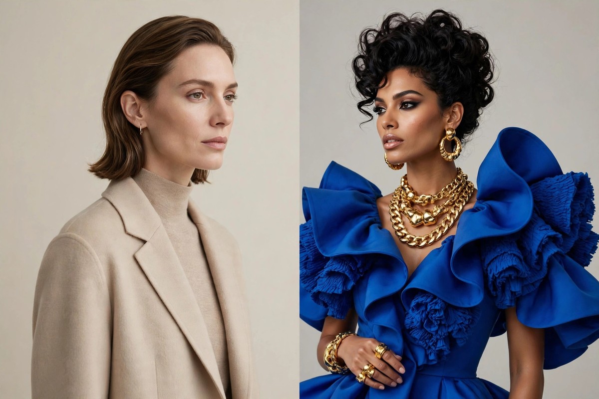 Fashion editorial asking is quiet luxury over, contrasting minimal tailoring with bold maximalist 2026 styling