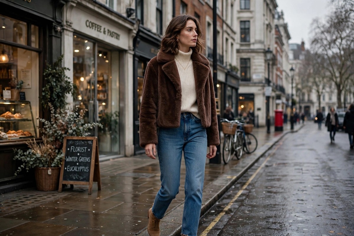 Woman wearing a chocolate brown faux fur coat over high-waisted jeans and ankle boots on a city street