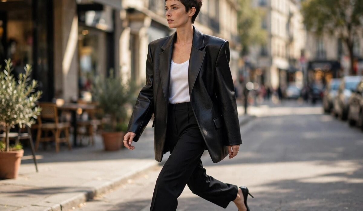 Style-inspired model with a short pixie cut in an oversized black faux-leather blazer over a white tank and cigarette trousers on a city street