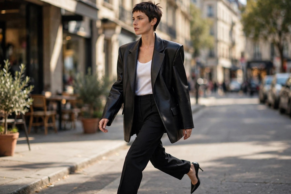 Style-inspired model with a short pixie cut in an oversized black faux-leather blazer over a white tank and cigarette trousers on a city street