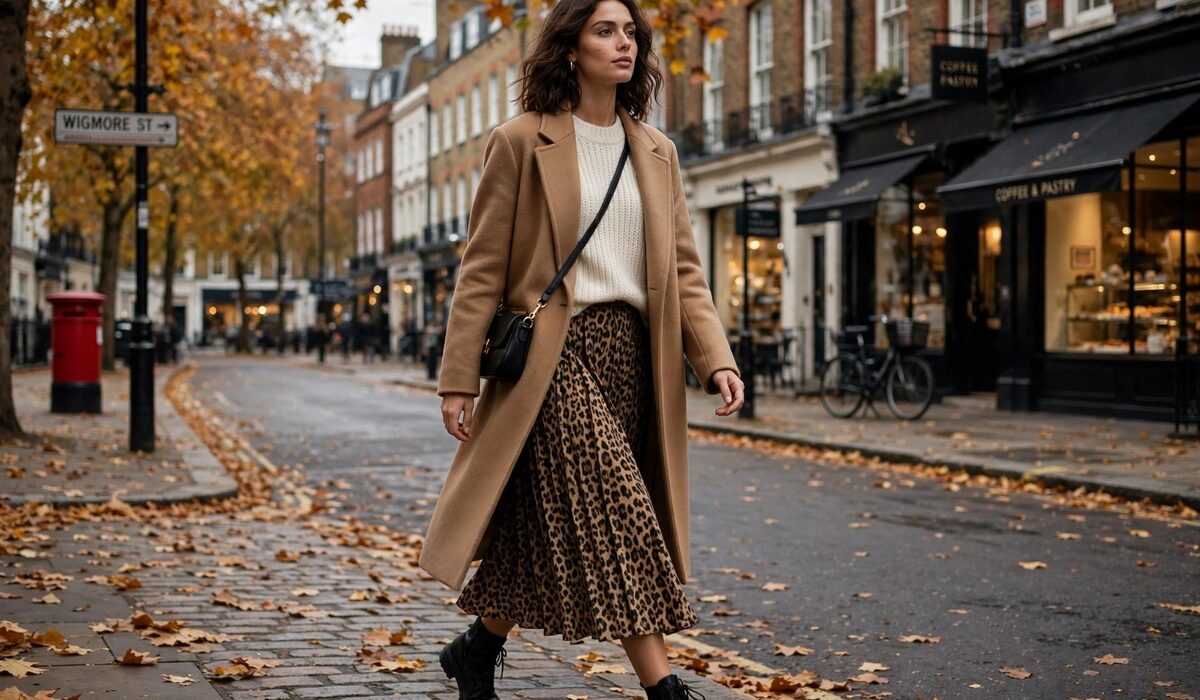 Woman in a leopard print midi skirt, ivory knit jumper and camel coat walking on an autumn London street
