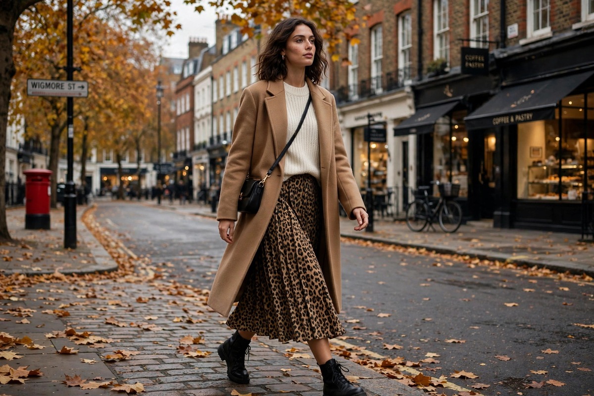 Woman in a leopard print midi skirt, ivory knit jumper and camel coat walking on an autumn London street