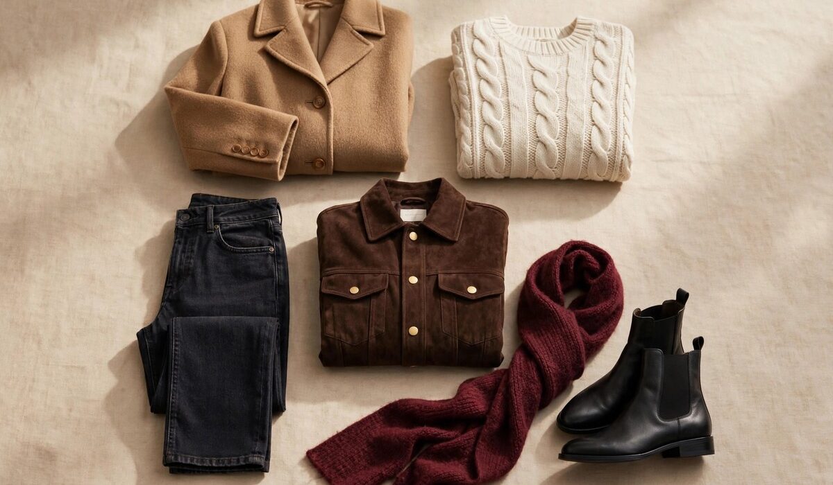 Autumn capsule wardrobe 2026 flat lay: camel wool coat, cream cable-knit jumper, chocolate brown suede jacket, dark jeans, black ankle boots and burgundy wool scarf