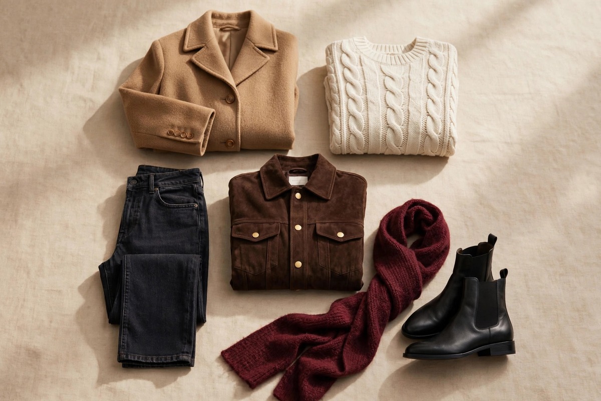 Autumn capsule wardrobe 2026 flat lay: camel wool coat, cream cable-knit jumper, chocolate brown suede jacket, dark jeans, black ankle boots and burgundy wool scarf