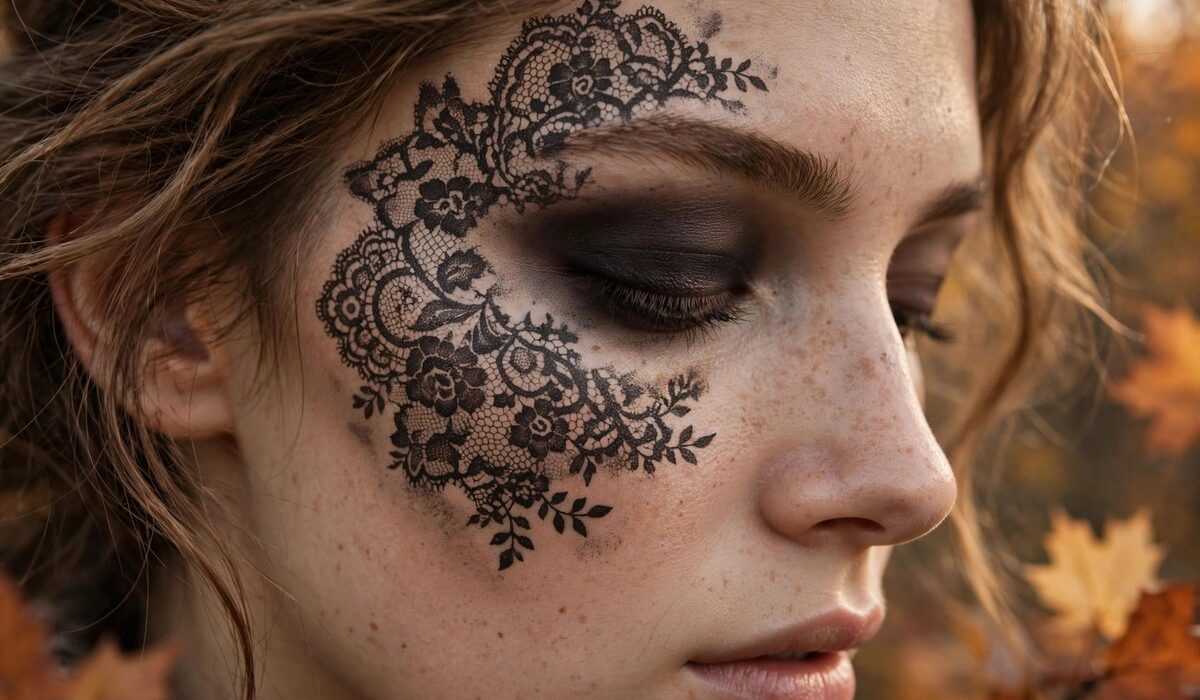 Lace makeup trend tutorial: close-up of a black lace stencil pattern pressed in eyeshadow across a woman's cheek and temple, soft autumn light