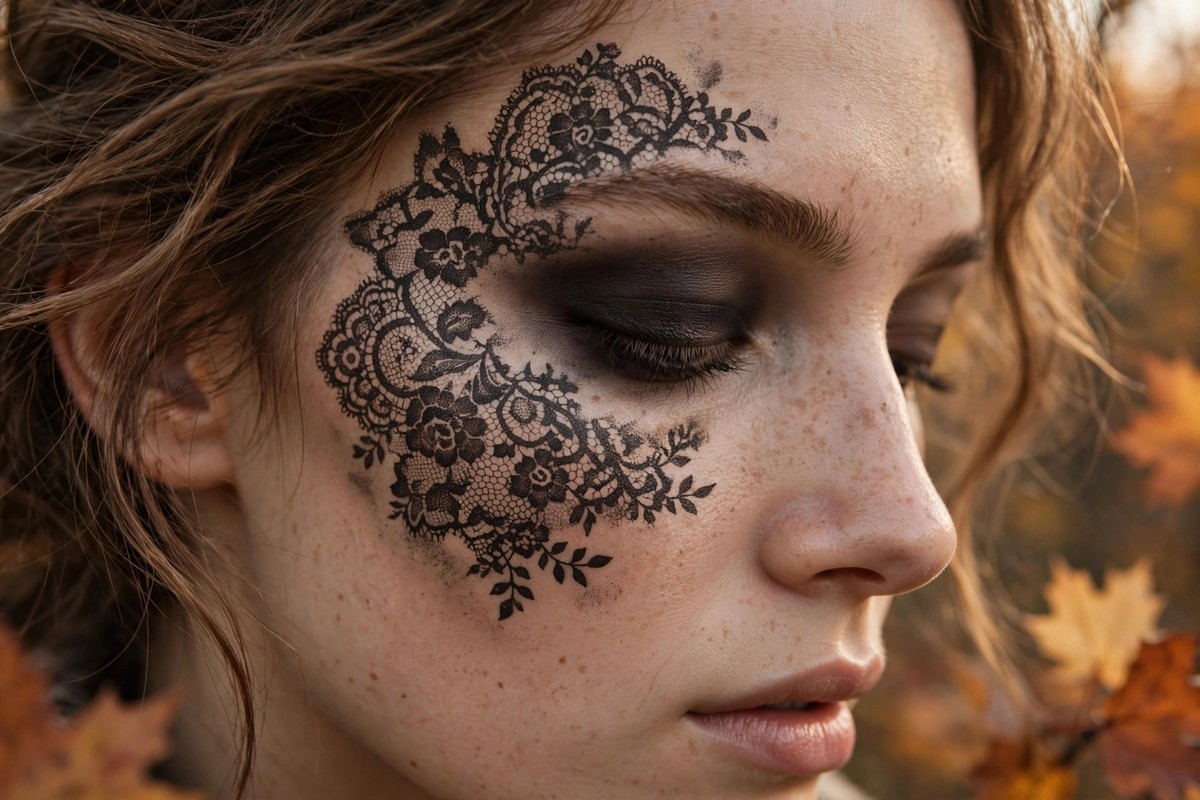 Lace makeup trend tutorial: close-up of a black lace stencil pattern pressed in eyeshadow across a woman's cheek and temple, soft autumn light