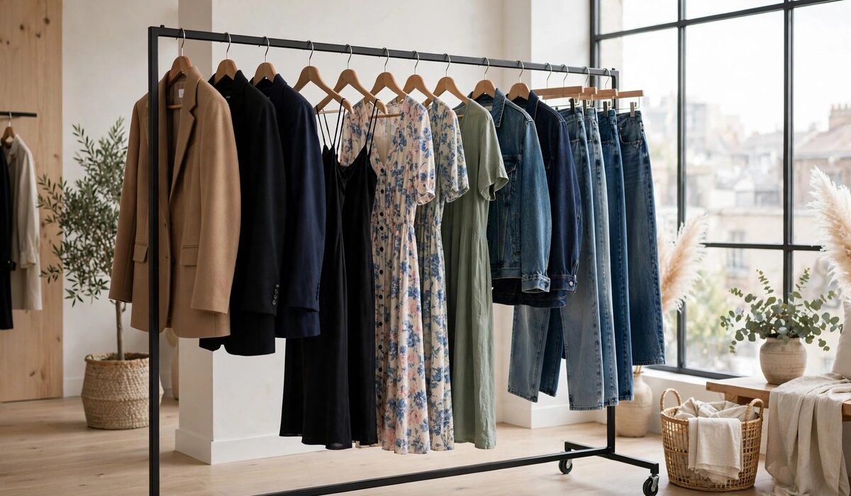h&m vs zara quality 2026: women's clothing rail with blazers, dresses and denim side by side in a bright modern boutique