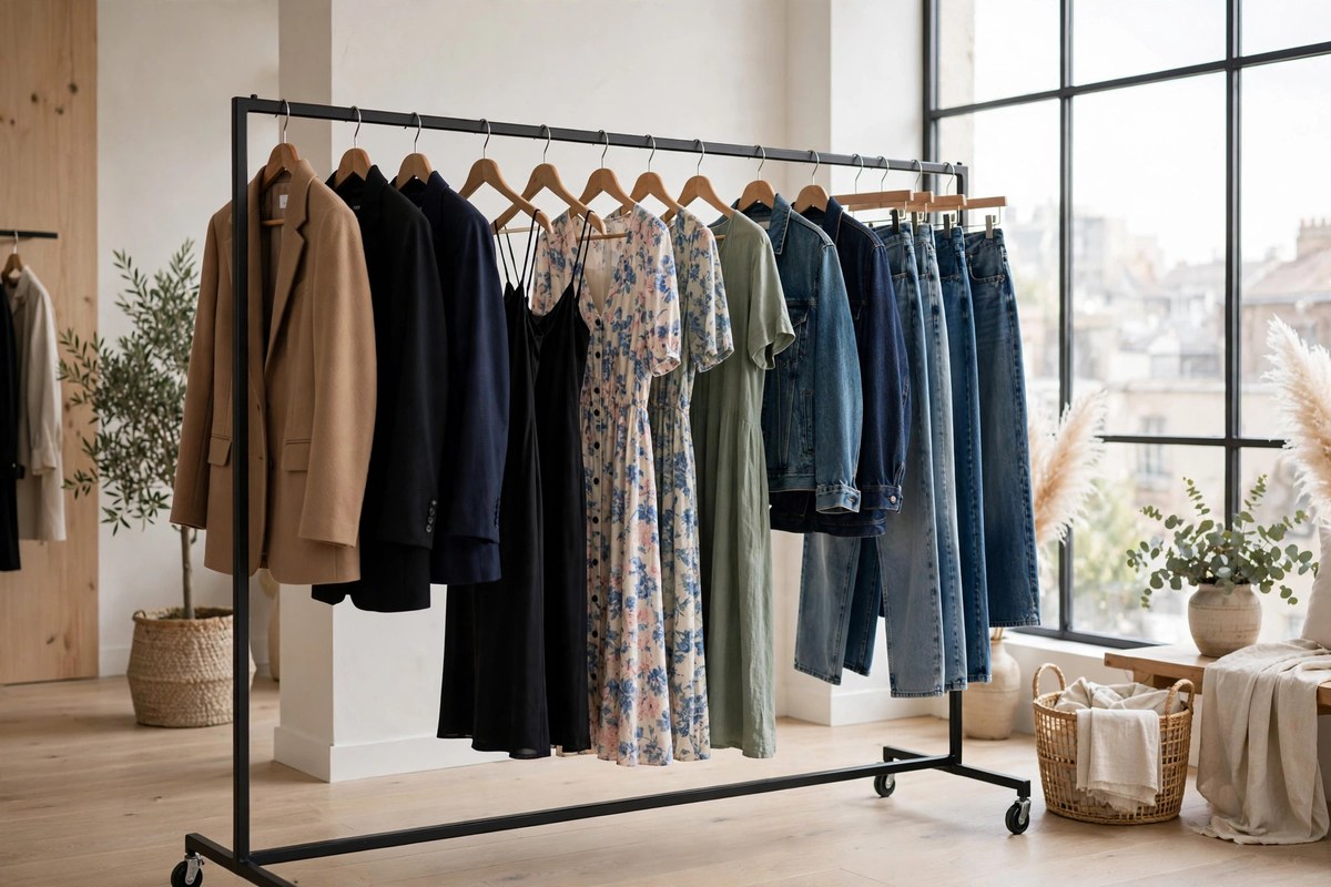 h&m vs zara quality 2026: women's clothing rail with blazers, dresses and denim side by side in a bright modern boutique