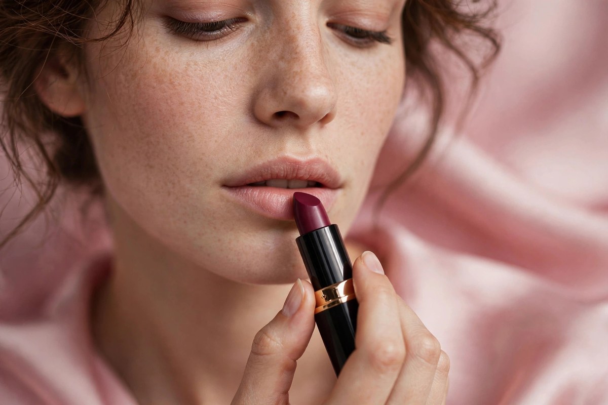 Close-up of a woman applying berry lipstick in a deep plum shade
