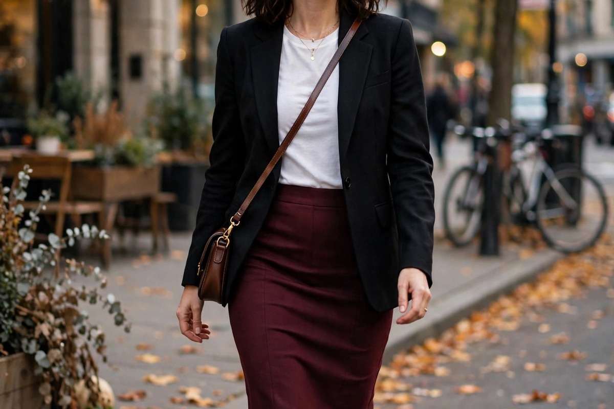 Burgundy pencil skirt outfits for work styled with a fitted blazer, autumn street style