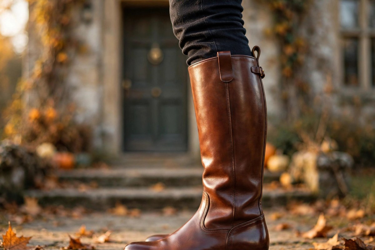 Close-up of polished brown leather knee-high riding boots worn with dark slim jeans