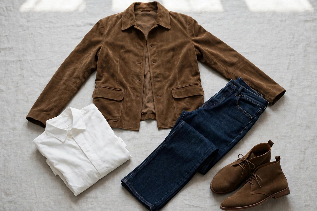 Flat lay of a brown suede jacket with dark jeans, boots and a white shirt