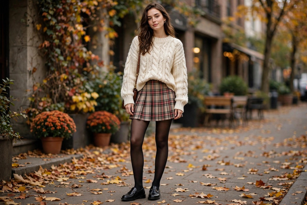 Pleated plaid mini skirt styled with a cream chunky knit, black tights and loafers