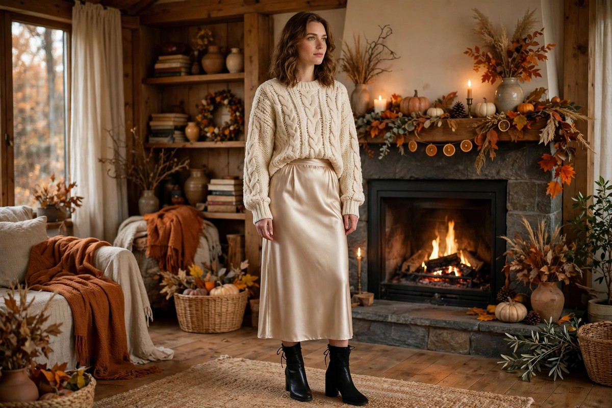 Woman in a cream chunky knit sweater and champagne satin midi skirt with black ankle boots by a fireplace