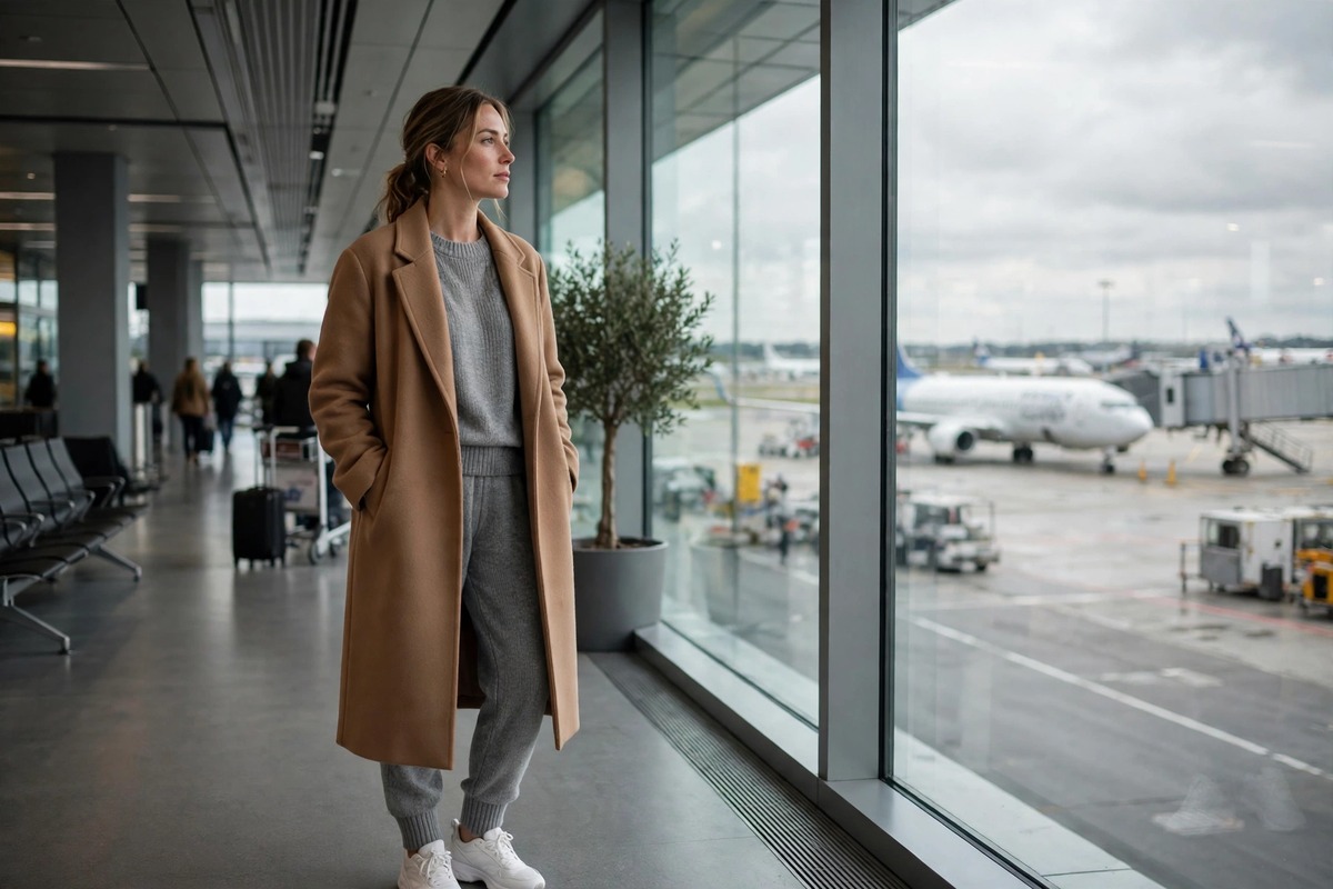 Woman in a matching grey knit travel set with a long camel coat and white trainers at an airport