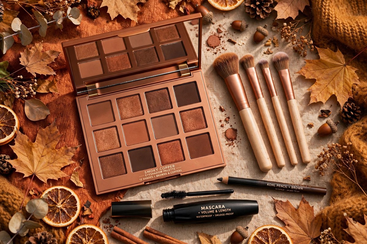 Smoky eye makeup essentials flat lay with brown and copper palette, brushes, kohl and mascara