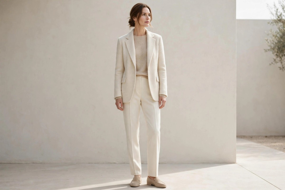 Woman wearing a minimalist neutral tailored outfit in cream and beige, classic quiet luxury style