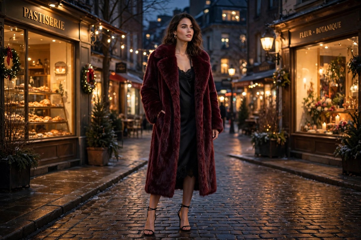 Cropped faux fur jacket styled with straight-leg jeans and suede ankle boots for a daytime winter outfit